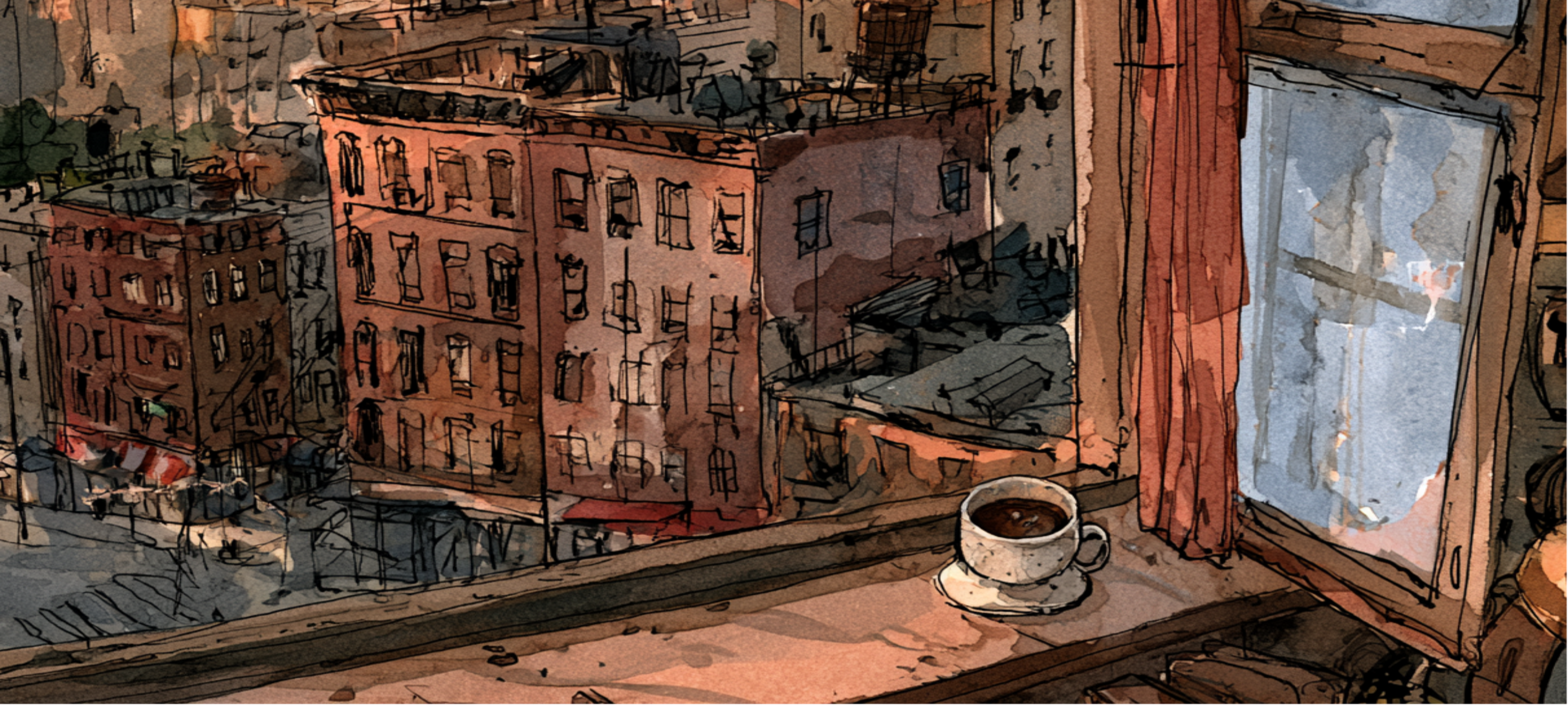 Watercolor-style illustration of a city street seen through a window, with a cup of coffee on the windowsill. The artwork uses warm orange, brown, beige, and muted blue tones, with sketchy linework throughout.